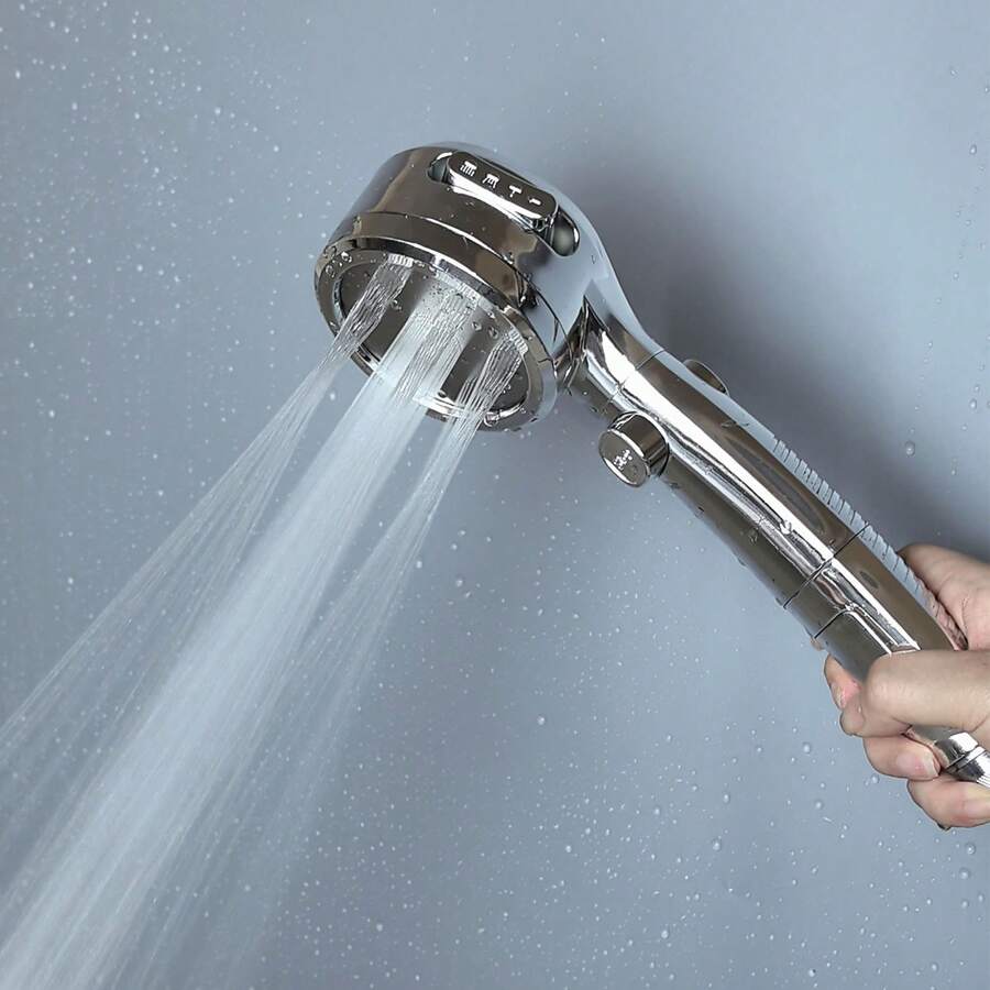 Handheld Shower Head, Adjustable In 4 Modes, With Water Stop Button, ABS Material, Silver