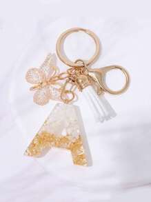 Cute Initial Letter Keyrings White Keychen,Capital Alphabet Gold Foil Resin Keychain Charm With Butterfly Tassel Pendant,Fashion Key Chain For Women Gift Purse Bag Handbag Decor,Father's Day Mother's Day Birthday Gift Thanksgiving And Christmas Day Holiday Gifts