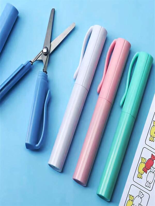 2 In 1 Foldable Scissors Creative Stationery Mini Folding Student Art Scissors Portable Scissors Blade Multifunction Stationery Office School,Compact Folding Scissors - Portable Pen-Style Design, Ideal For Students & Crafts, Available In Orange, Light Green, White, Pink, Blue