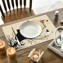Juego de 1/2/4/6 individuales, estilo de gato negro de Halloween, con patrón de murciélago, tamaño 30x45 centímetros. Los individuales de poliéster de Halloween son adecuados para cocinas/manteles resistentes al calor del hogar, fáciles de limpiar y son accesorios ideales para mesas de cocina del hogar. Son adecuados para reuniones familiares y ocasiones interiores y son la mejor opción para la decoración de Halloween.