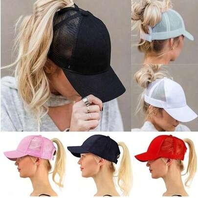 （请注意，尺码太大）1 件可调节新款马尾女士帽子后开口网眼卡车司机帽防漏辫子鸭尾棒球帽太阳帽户外纯色帽时尚女士鸭尾棒球帽轻便，非常适合户外运动、高尔夫、钓鱼、跑步 - 多种颜色