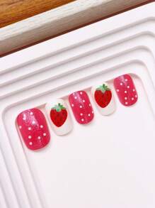 NAIO 24pcs False Nails Kids Girls Press On Short Artificial False Nails Cute Pre Glued Full Coverage Acrylic Nail Tips Set Suitable For Children Little Girls Nail Decoration (Strawberry Girl)