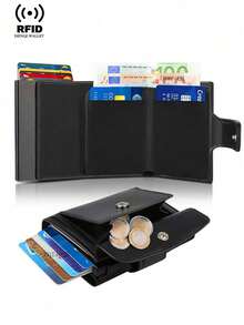 超薄纤维皮革男士钱包，时尚卡包，三折钱包，零钱包，智能超薄零钱包，时尚钱包，父亲节礼物（送给爸爸、男友、爷爷、丈夫、朋友、兄弟），休闲复古男士卡包，卡包，名片夹，信用卡夹，迷你钱包，RFID钱包 - 黑色 - 查看 9