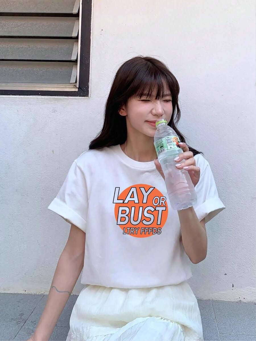 100% Cotton Ladies Short Sleeve T-Shirt, Stylish, Loose, Casual Crew Neck Top - 白色 - 查看 1