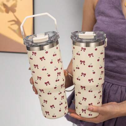 1pc 900ml/33.44oz Bow & Cherry Vacuum Insulated Water Bottle, Large Capacity With Handle And Straw, Suitable For Sports, Outdoor, Fitness, Travel