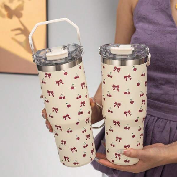 1pc 900ml/33.44oz Bow & Cherry Vacuum Insulated Bottle, Large Capacity Water Bottle With Handle & Straw, Suitable For Sports, Outdoor, Fitness, Travel