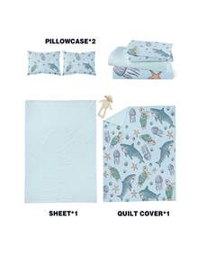 Conjunto de cama com estampa de tartaruga e tubarão marinho, 4 peças (1 capa de edredom + 2 fronhas + 1 lençol de cima), lavável, adequado para quarto, hotel, escola, apartamento