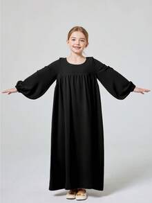 少女简约优雅宽松休闲长袖连衣裙 - 黑色 - 查看 4