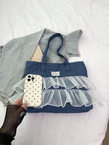 极简风格毛边字母设计牛仔帆布托特包，纯色大容量单肩包，适合女性日常使用，上班通勤书包，返校背包，经典休闲，轻便，便携，行李带设计，适合少女女大学生，非常适合返校、大学、初中、高中、开学第一天，女士西式钱包