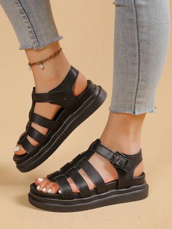 Women's Flat Sandals, New Thick Sole Black Sandals, Roman Style Non-Slip Versatile Fashion Sandals, Casual Beach Sandals For Summer