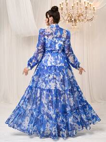 YISIKADO 大码女式雪纺连衣裙扎染长袖优雅长裙婚礼节日茶会度假毕业婚礼宾客 - 彩色 - 查看 3