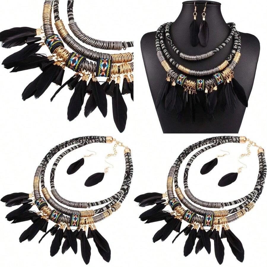 African  Feather Pendant Multi Layers Necklace Earring Set Statement Bib Necklaces Feathered Dangle Earring Boho Collar Chains For Women Men