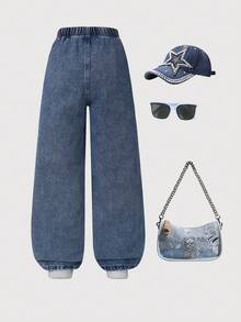 1pc Girl Y2K Star Print Straight Leg Jeans, Casual Versatile Street-Style Summer Clothes - Medium Wash - View 2