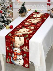 1 pieza Mantel de poliéster de Navidad con diseño de muñeco de nieve a cuadros rojos de 35*180cm/13.78*70.87 pulgadas, mantel para mesa de comedor, mesa de café, decoración textil festiva para reunión en el hogar, creando un ambiente navideño acogedor