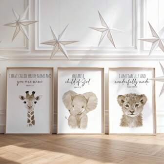 1 set van 3 handgetekende dieren in de kinderkamer - inspirerende Bijbelversprints met giraffe, olifant en leeuwenwelp in houten lijsten/canvas - christelijke babykamerdecoratie, woondecoratie, genderneutrale Bijbelcitaten, moderne boho-kinderkamerdecoratie, babyshowerdecoratie