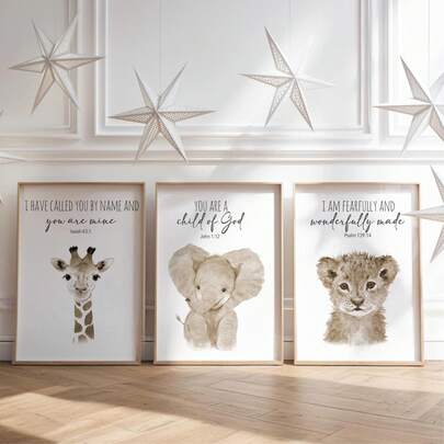 3-delars set handmålade väggkonst med djurtema för barnrum - inspirerande bibelverstryck, inkluderar giraff-, elefant- och lejonmönster, träram/kanvasmaterial - barnrumsinredning, heminredning, könsneutralt bibelcitat, modern bohemisk barnrumsinredning, babyshowerdekoration