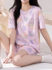 AICJ 2 件女式可爱兔子和色块印花睡衣套装，休闲短袖圆领 T 恤和口袋短裤，睡衣家居服 - 淡紫色 - 查看 6
