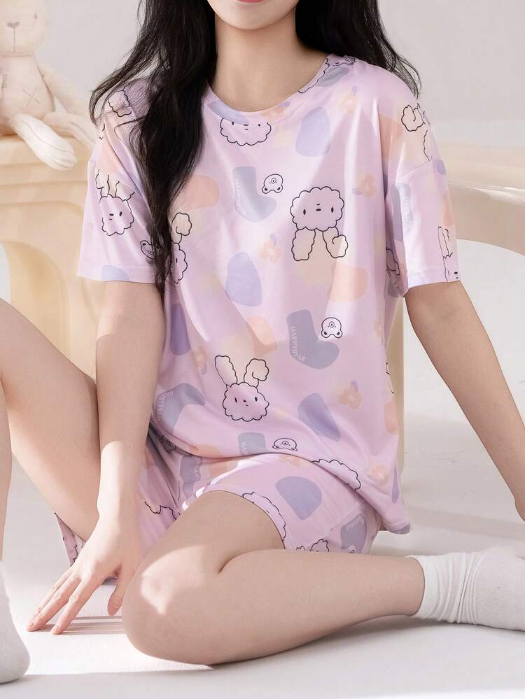 [AICJ Sleepwear] 2 peças Conjunto de Pijama Feminino com Estampa de Coelho Fofo e Bloco de Cores, Camiseta de Manga Curta Casual com Decote Redondo e Shorts com Bolso, Conjunto de Roupas de Dormir para Casa - Malva - Visão 6