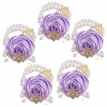 5pcs Navy Blue Bridesmaid Wrist Corsage Set, Weddings Gold Leaf & Pearl Elastic Wrist Flower Accessories Valentine's Day Accessories - Wrist Flower - View 12