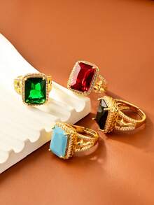 Anel de luxo vintage em cobre banhado a ouro 18K com zircônias sintéticas exageradas nas cores vermelha, esmeralda, preta e turquesa, cravação quadrada estilo princesa, aliança de casamento feminina, joia para o Dia dos Namorados, para uso diário em todas as estações.