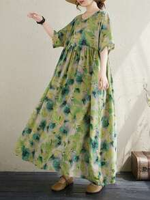 2025夏季新款加大码绿色连衣裙，休闲宽松褶皱单肩连衣裙，波西米亚风度假沙滩裙，女士宽松印花连衣裙，单件随机印花连衣裙 - 綠色 - 查看 2