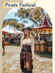 Costume Women Outfit With Renaissance Shirt Skirt Corset Waist Belt Womens Halloween Costumes (White+Red, S) - 米色+棕色 - 查看 4