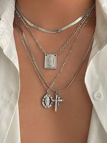 4pcs/Set Retro Stylish Multi-Element Geometric Metal Cross Pendant Necklaces, Layered Charm Necklace Set For Men - Silver - View 16