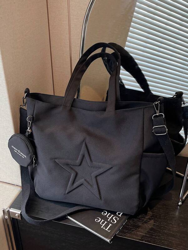 New Fashionable Casual Canvas Tote Bag With Star Pattern And Multiple Pockets, Including A Coin Purse