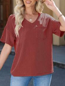 CILKOO 女士休闲宽松条纹短袖T恤，春夏款 - 酒紅色 - 查看 7