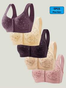 5PCS EssElegance Plus Size Wire-Free Seamless Bra For Woman Striped Breathable Push Up Padded Bra For Everyday Wear - 彩色 - 查看 1