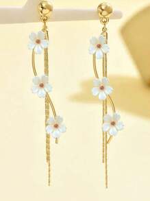 1 Pair Elegant High-Quality Tassel Floral Long Drop Earrings For Women, Fashionable & Versatile Summer Korean Style Flower Stud Earrings