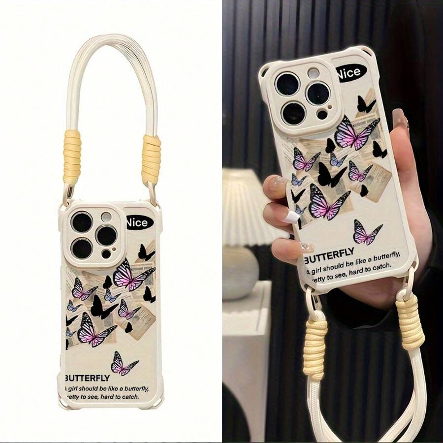 Funda para teléfono móvil 1PC 14promax con cordón, compatible con 13PRO, 16, 15, 14, 13 y 12 Pro. Funda protectora de silicona suave con cobertura total de lentes, esquinas reforzadas y diseño de malla anticaídas. - Blanco - Ver 1