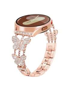 Bling Bling 可爱钻石闪亮蝴蝶金属表带，兼容三星 Galaxy Watch 7 FE 6 5 4 40mm 44mm / Watch 5 Pro 45 44mm / Watch 6 43mm / Watch 4 Classic 46mm，20mm 22mm 嵌入式闪亮蝴蝶闪亮珠宝水晶钻石玫瑰金金属智能手表表带，适合女士，易于拆卸和安装，适用于手表、手表 - 玫瑰金 - 查看 3