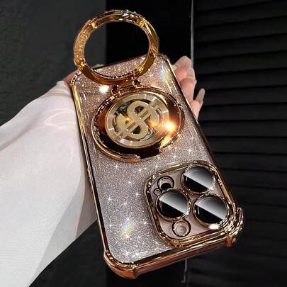 奢华电镀透明手机壳，创意美元符号支架，闪亮水钻Y2K风格，防震，新款夏季时尚硅胶软保护套，兼容 16/16E/15/14/13/12/11/X/XS/XR/8/7 Plus/Pro/Max/Mini，Galaxy S24/S25 Ultra，兼容小米荣耀，兼容Reno，MOTO Women 2025，国际版，非国内版