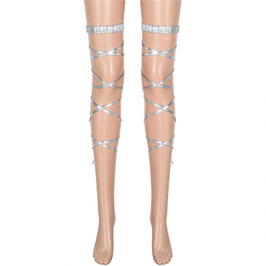 Festival Rave Outfit Patent Leather Garter Leg Wrap For Women Elastic Non-Slip Strap Music Concert Accessories - Bạc - Xem 1
