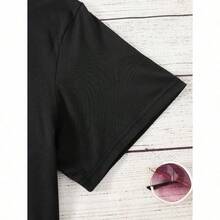 Cartoon Image Short Sleeve Round Neck T-Shirt, Casual And Fashionable Short Sleeve T-Shirt, Micro Elastic, Opaque, Easy Care Material, Perfect For Everyday Wear, Ladies T-Shirt - 黑色 - 查看 4