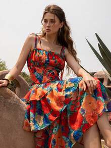 Faeriesty BohoBloom 印花吊带系带荷叶边连衣裙 - 适合海滩度假、休闲外出和节日活动，优雅大方 - 橘色 - 查看 1