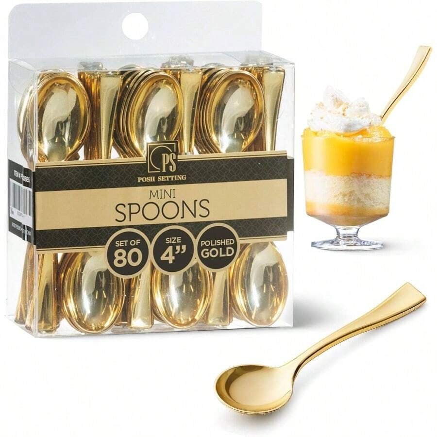 Posh Setting  Plastic Mini Gold Spoons, Gold Mini Spoons, Gold Plastic Mini Dessert Spoons, Disposable Tiny Gold Spoons, 4 Inch Mini Spoons For Appetizers, Taster Spoons, I Cream Spoons(80 Pack) - Thìa vàng mini - 80 chiếc - Xem 1
