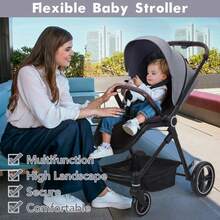 Foldable Baby Stroller, High Landscape Pushchair for Newborn, Toddler, Convertible Infant Pram with Reversible Backrest, Storage Basket - Gris - Ver 7