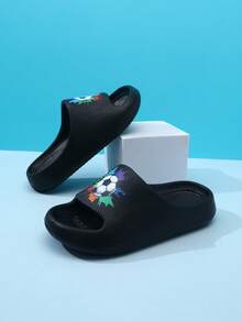 Chanclas de espuma EVA para niños, ligeras, con suela antideslizante y suave, lindas, para uso doméstico casual, de secado rápido, con diseño de fútbol y deportes, de unicolor simple, con suela gruesa, para niños y niñas, sandalias de playa - Negro - Ver 9