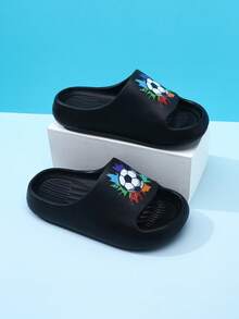 Chanclas de espuma EVA para niños, ligeras, con suela antideslizante y suave, lindas, para uso doméstico casual, de secado rápido, con diseño de fútbol y deportes, de unicolor simple, con suela gruesa, para niños y niñas, sandalias de playa - Negro - Ver 8