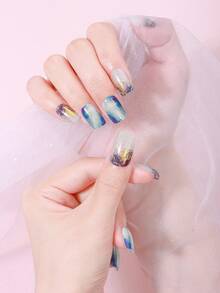 Semi Cured Gel Nail Strips , Jelly Beige, 16 Pcs Gel Nail Wraps, Stickers, UV Light Required, Salon Quality, Long Lasting - Blue - View 4