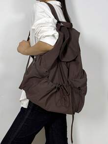 JIANSHANGGUSHI 2026 New Drawstring Pleated Casual Backpack, Large Capacity, Practical For Students, , Water-Resistant Nylon, Multiple Colors Available, Back To School - Coffee - View 2