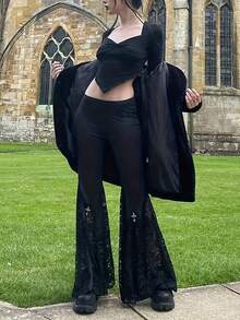 Calça gótica sexy justa cintura alta patchwork renda flare - Preto - Ver 9