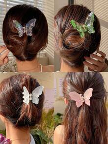 爪夹 4 件/1 件女式 2.68 英寸/6.8 厘米仙女可爱蓝色、白色、绿色、粉色全息蝴蝶形状大号轻质塑料发夹，时尚百搭高档优雅简约发饰适合日常外出、休闲派对、通勤、海滩、沐浴、化妆、学校用品、大学秋季配饰秋冬度假装女士 - 彩色 - 查看 1