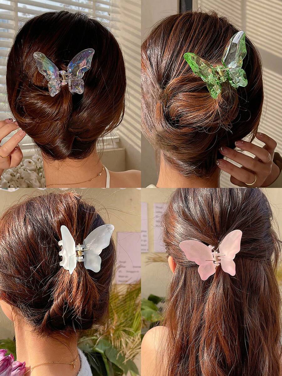爪夹 4 件/1 件女式 2.68 英寸/6.8 厘米仙女可爱蓝色、白色、绿色、粉色全息蝴蝶形状大号轻质塑料发夹，时尚百搭高档优雅简约发饰适合日常外出、休闲派对、通勤、海滩、沐浴、化妆、学校用品、大学秋季配饰秋冬度假装女士 - 彩色 - 查看 1