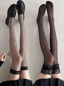 2 Pairs Sexy Lace Trim Sheer Thigh High Stockings, Summer Thin Over-The-Knee Long Socks For Women, Cozy