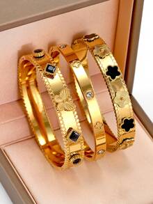 全新设计18K镀金不锈钢花朵、四叶草、蝴蝶手链。适合女性日常佩戴，波西米亚风格，镶嵌彩色方晶锆石。大方、个性、奢华、优雅的黄金首饰，婚礼腕饰套装，适合女孩、女士、妈妈、亲戚、朋友，是婚礼、生日、母亲节、女友情人节的美好礼物。 - 彩色 - 查看 3