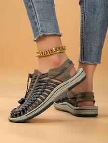 手工编织多色舒适凉鞋，时尚休闲透气步行鞋，女士和加大码男士封闭式脚趾一脚蹬凉鞋，适合夏季 - 灰色 - 查看 5