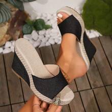 Wedge Peep Toe Plus Size Slippers Cross-Border Peep Toe Summer New European And American Thick Sole Height Increasing Fabric Sandals Women Wholesale - Xanh đậm - Xem 4